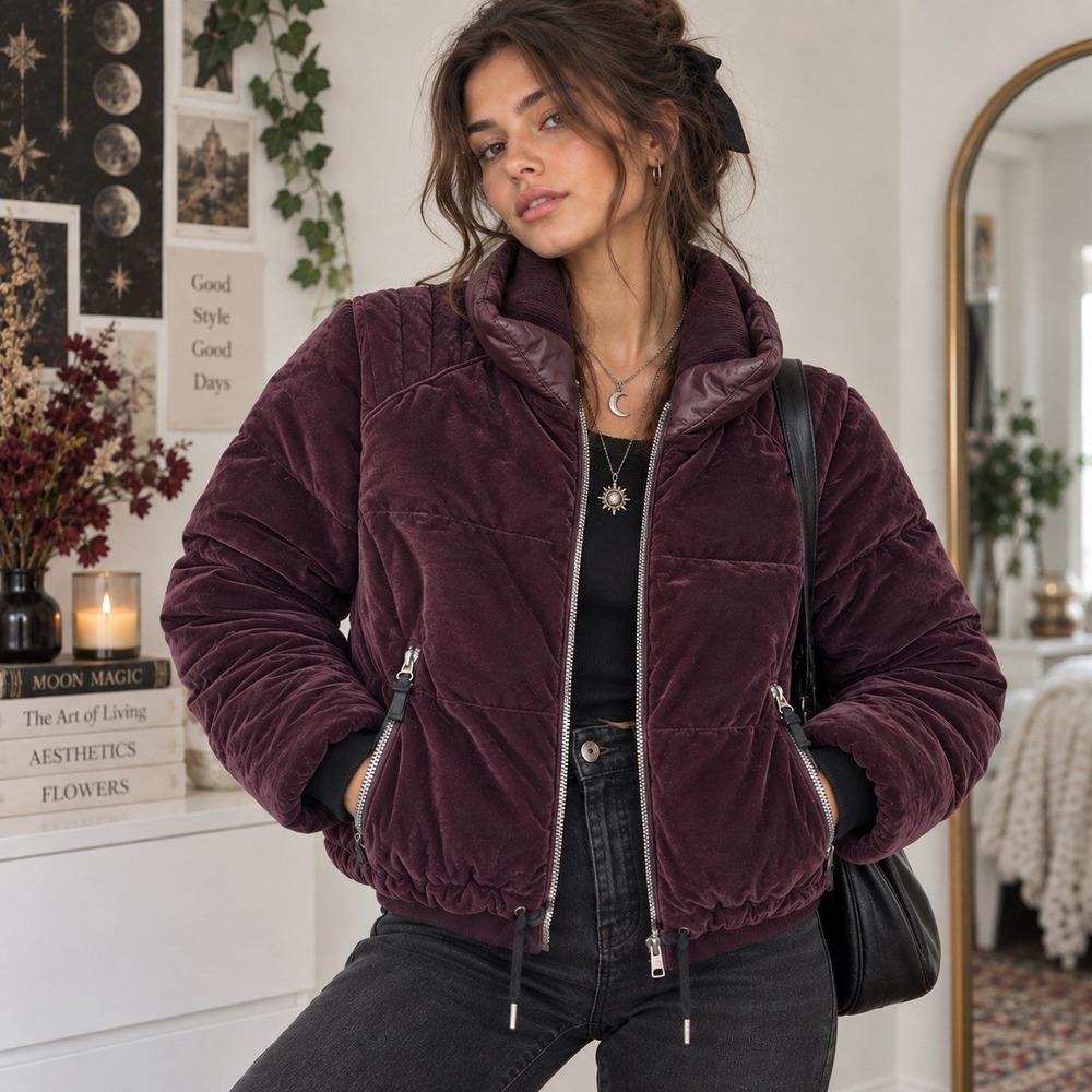 Marc New York Velvet Down Puffer Jacket Women M Burgundy Whimsigoth Bomber Goth